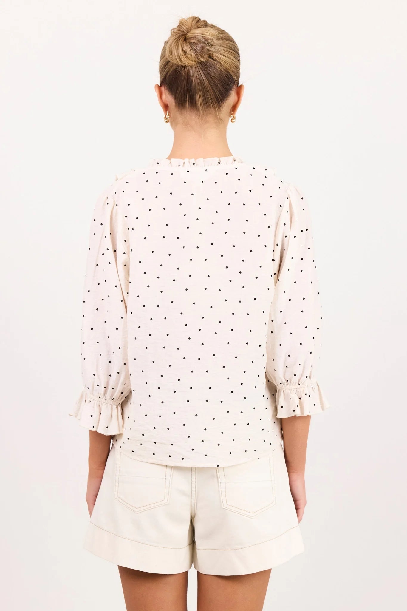 Ivy + Jack Garnish Cream Black Polka Dot Frill Front Mid Sleeve Top