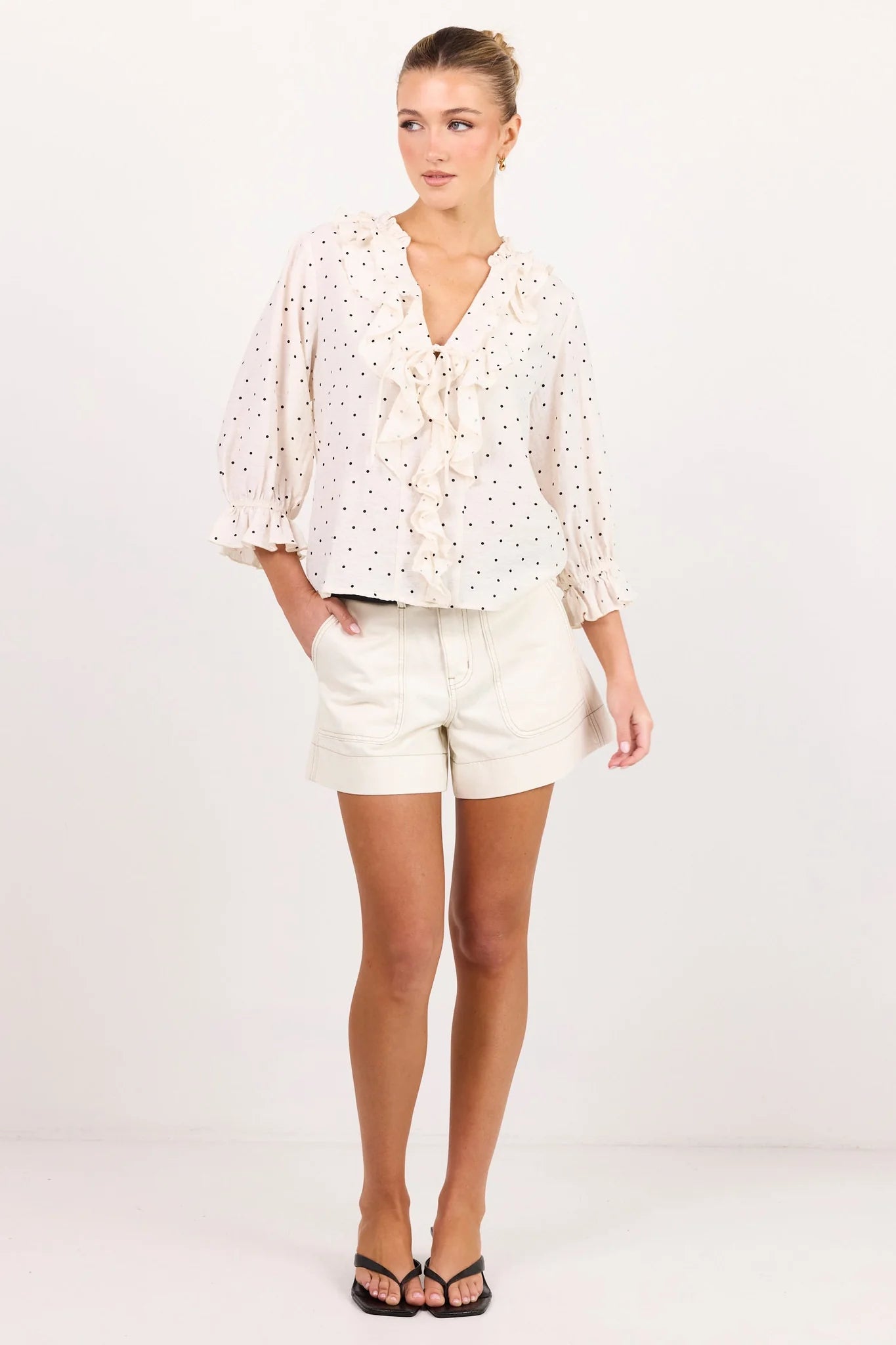 Ivy + Jack Garnish Cream Black Polka Dot Frill Front Mid Sleeve Top