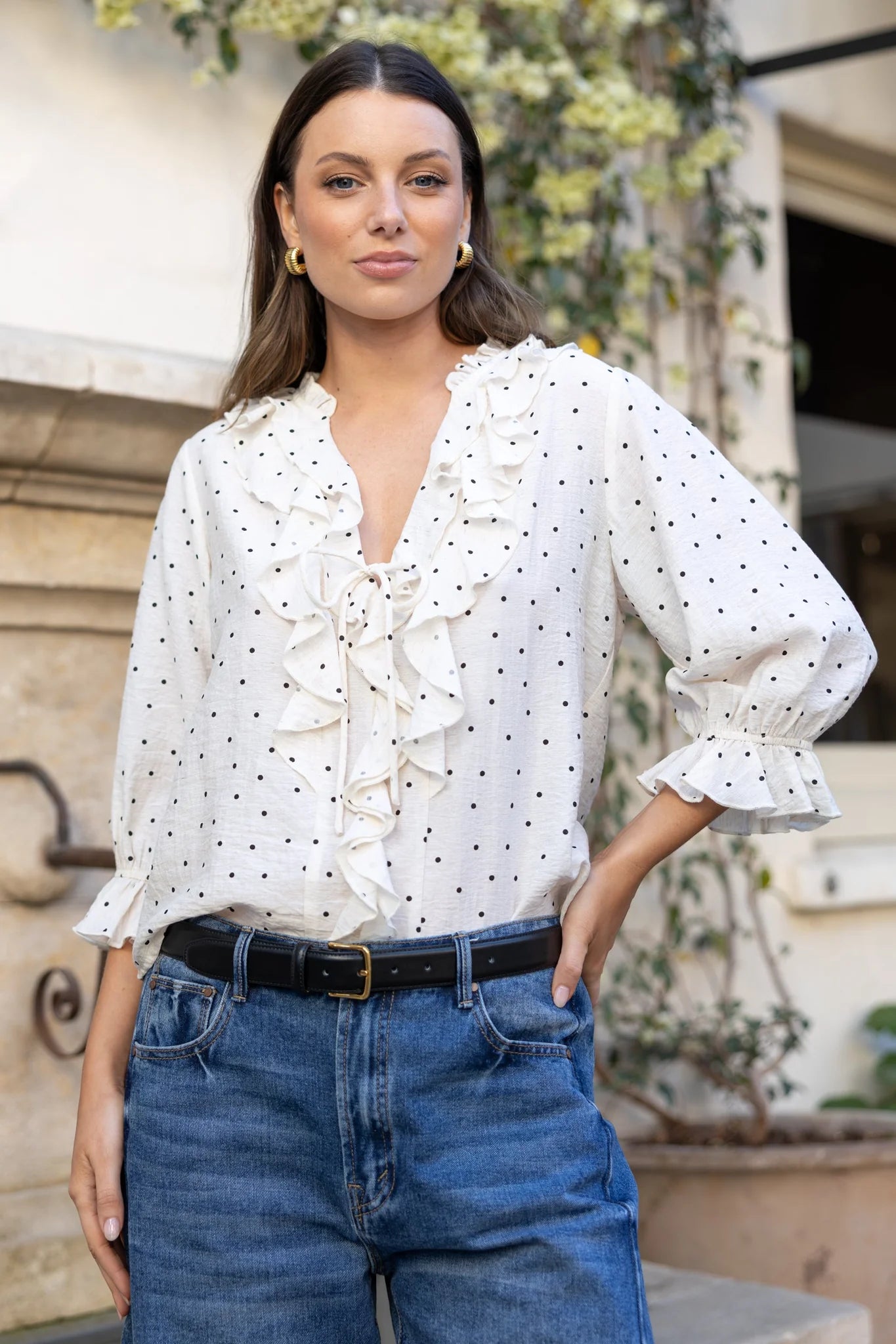 Ivy + Jack Garnish Cream Black Polka Dot Frill Front Mid Sleeve Top