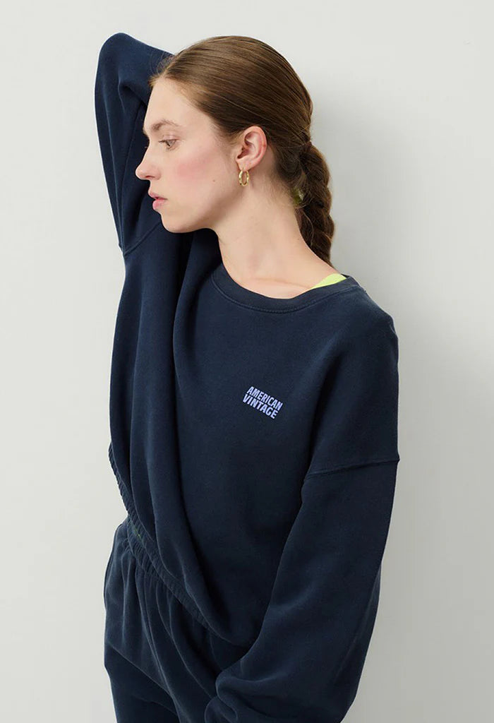 Ameican Vintage Cotton Sweatshirt Crew Neck Jumper in Navy at Two Boutique Matakana