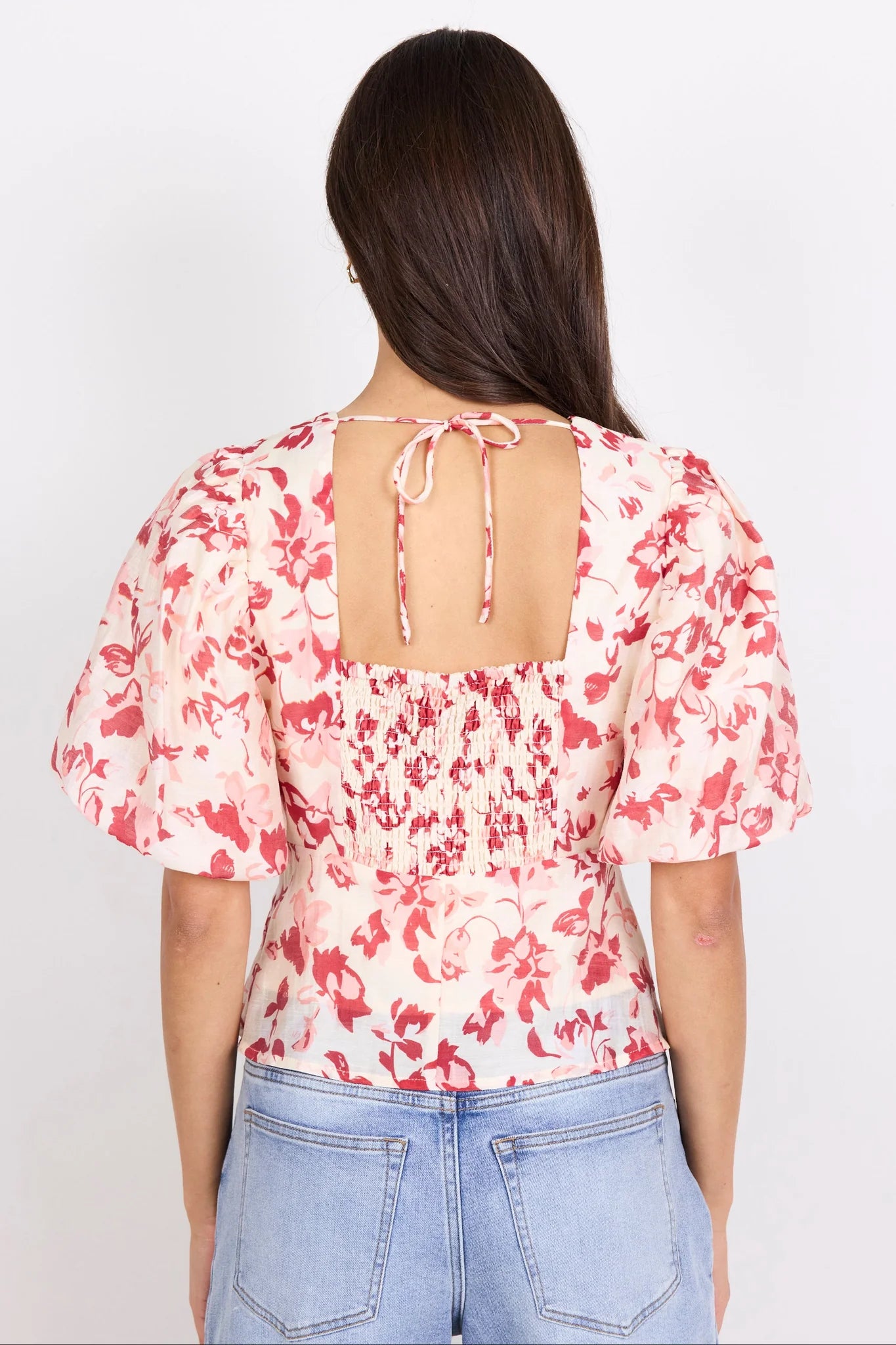 Ivy + Jack Notch Cream Red Poppy Pleat Front Bubble Sleeve Top