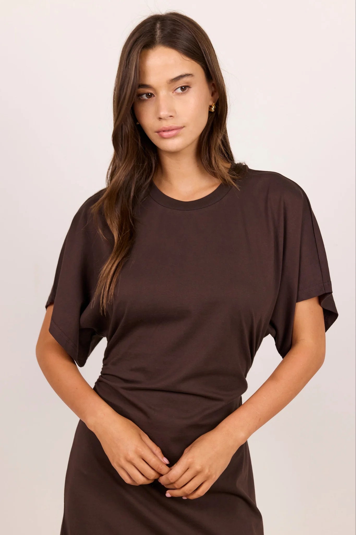 Re:Union Pulse Chocolate Cotton Gathered Waist Detail Short Sleeve Dress