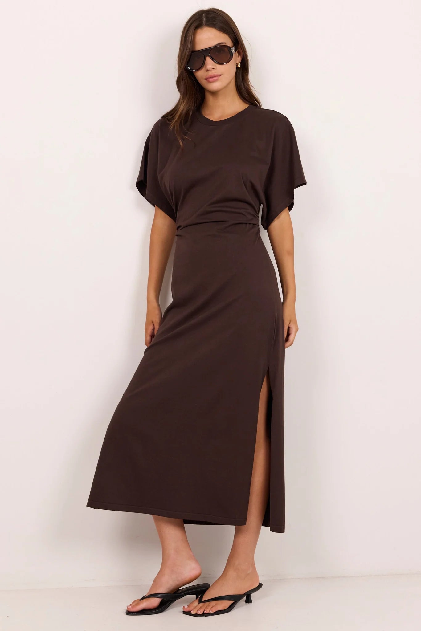 Re:Union Pulse Chocolate Cotton Gathered Waist Detail Short Sleeve Dress