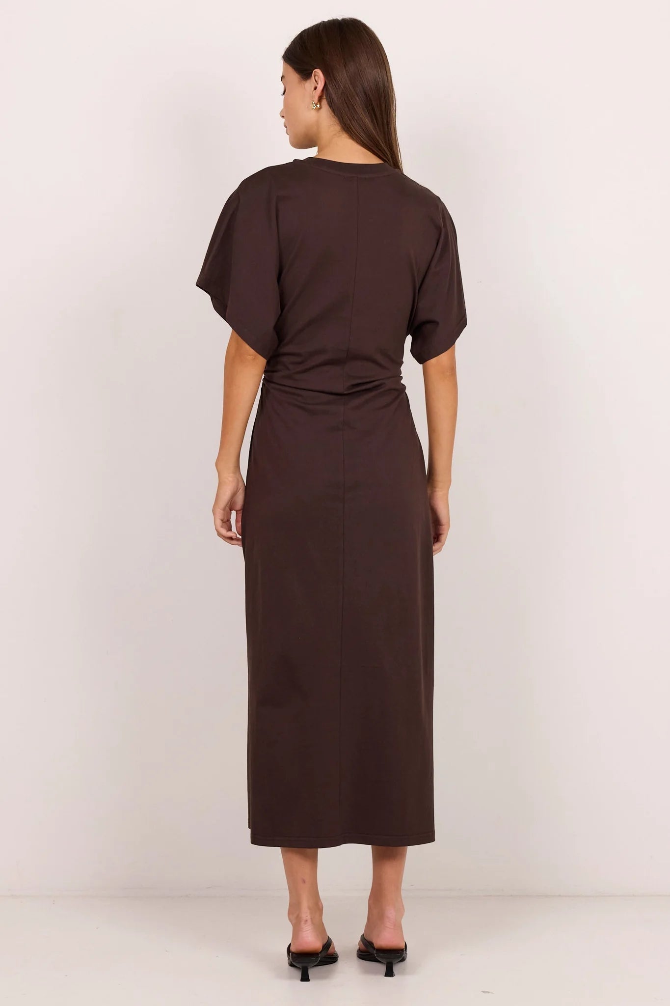 Re:Union Pulse Chocolate Cotton Gathered Waist Detail Short Sleeve Dress