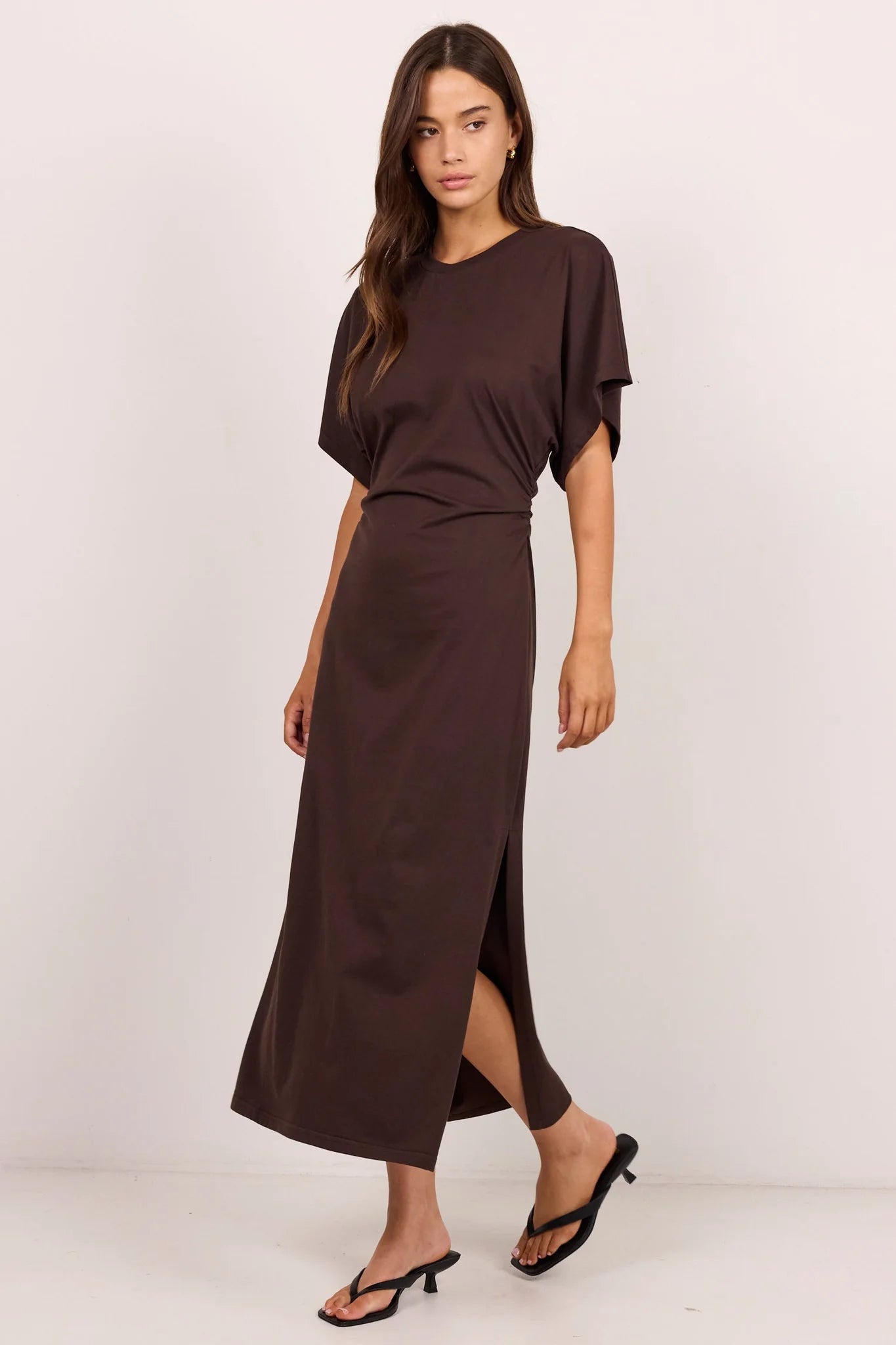 Re:Union Pulse Chocolate Cotton Gathered Waist Detail Short Sleeve Dress