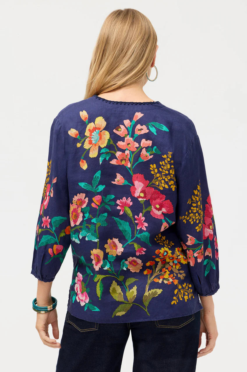 Johnny Was Split Neck Linen Blouse Blue Night Miraze