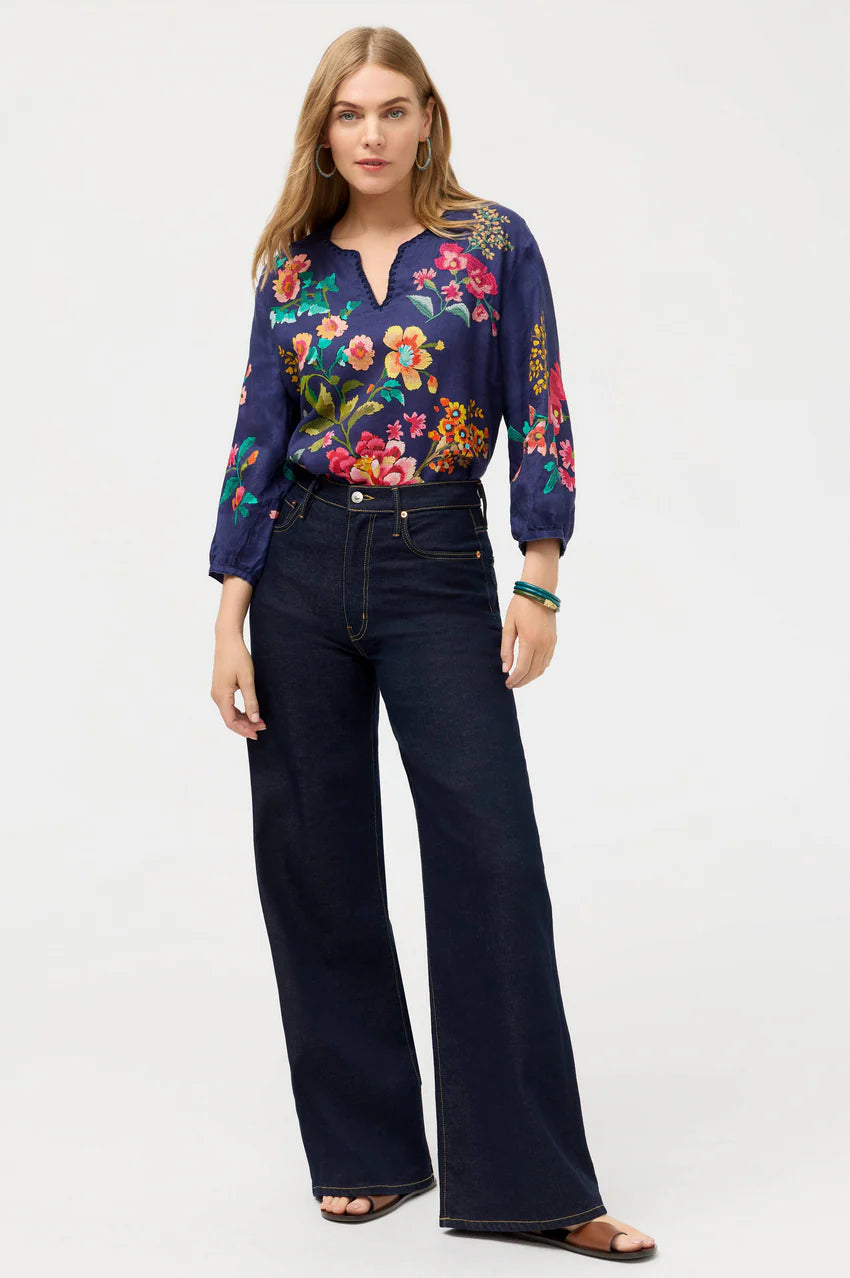 Johnny Was Split Neck Linen Blouse Blue Night Miraze