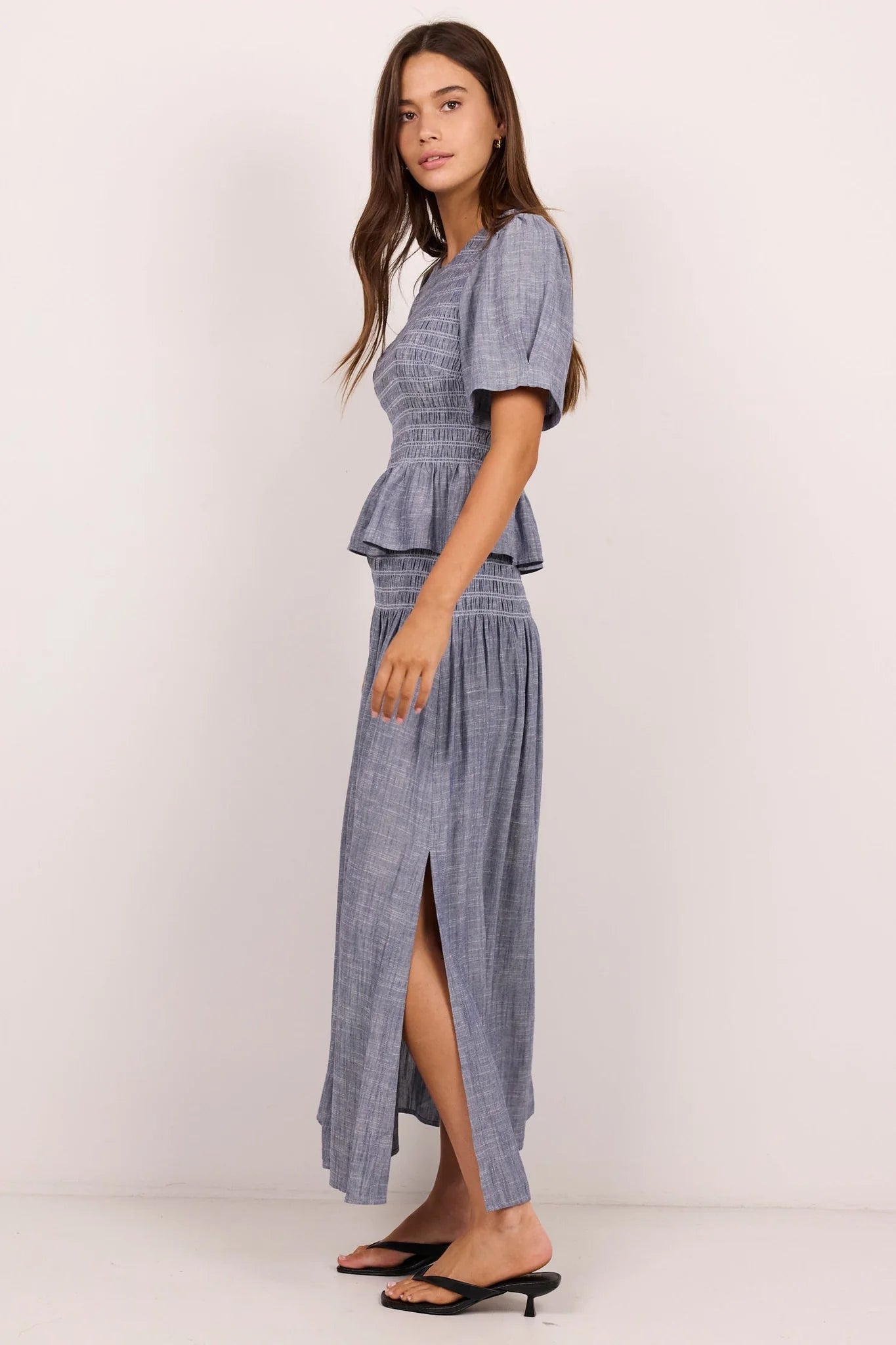 Re:Union Byron Light Blue Chambray Shirred Waist Maxi Skirt