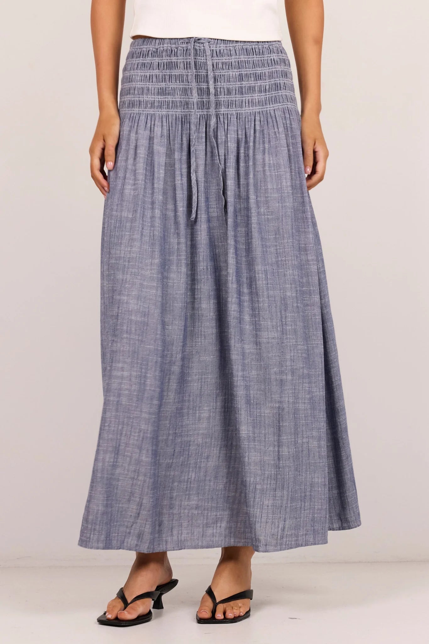 Re:Union Byron Light Blue Chambray Shirred Waist Maxi Skirt