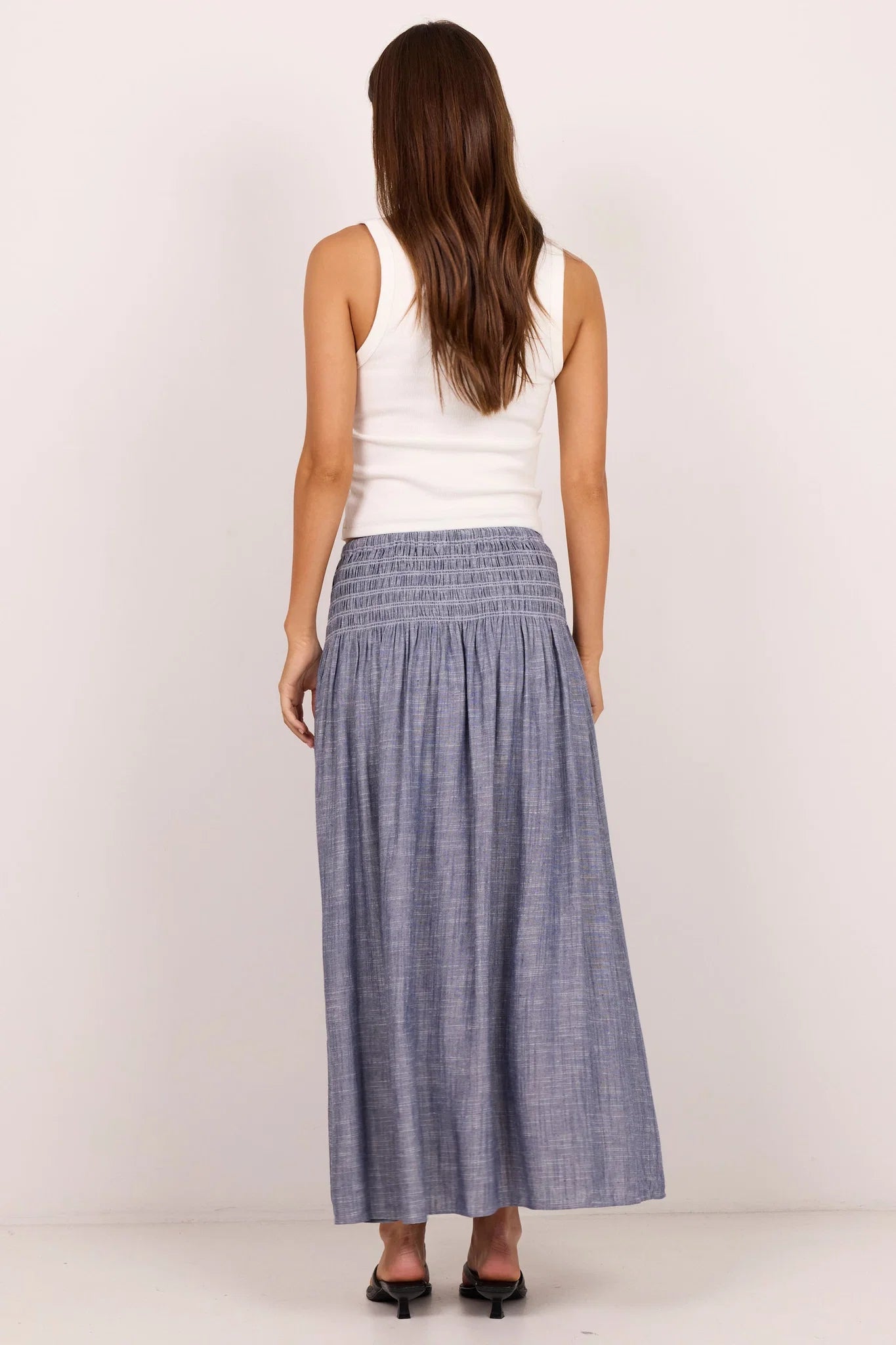 Re:Union Byron Light Blue Chambray Shirred Waist Maxi Skirt