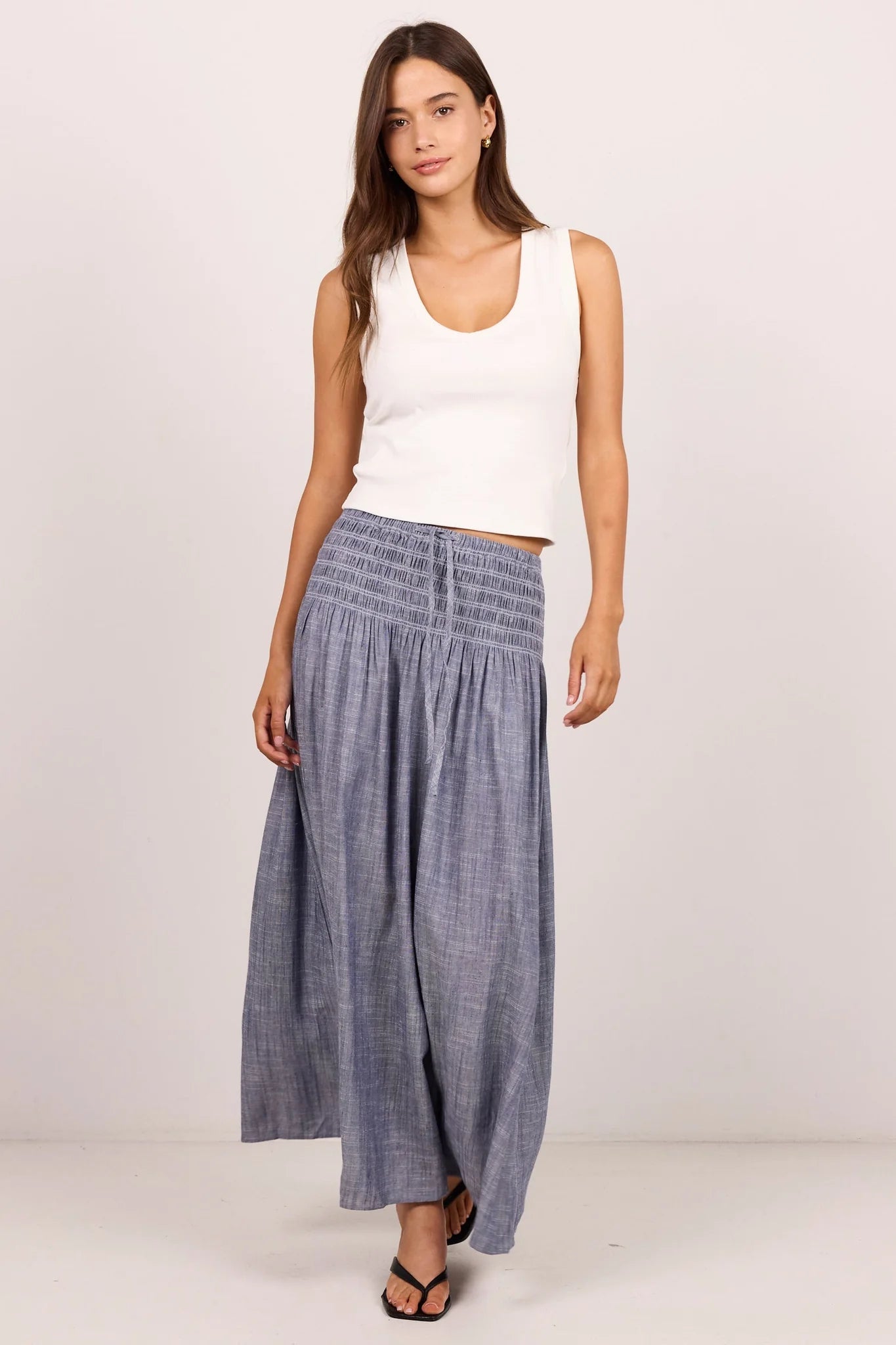 Re:Union Byron Light Blue Chambray Shirred Waist Maxi Skirt