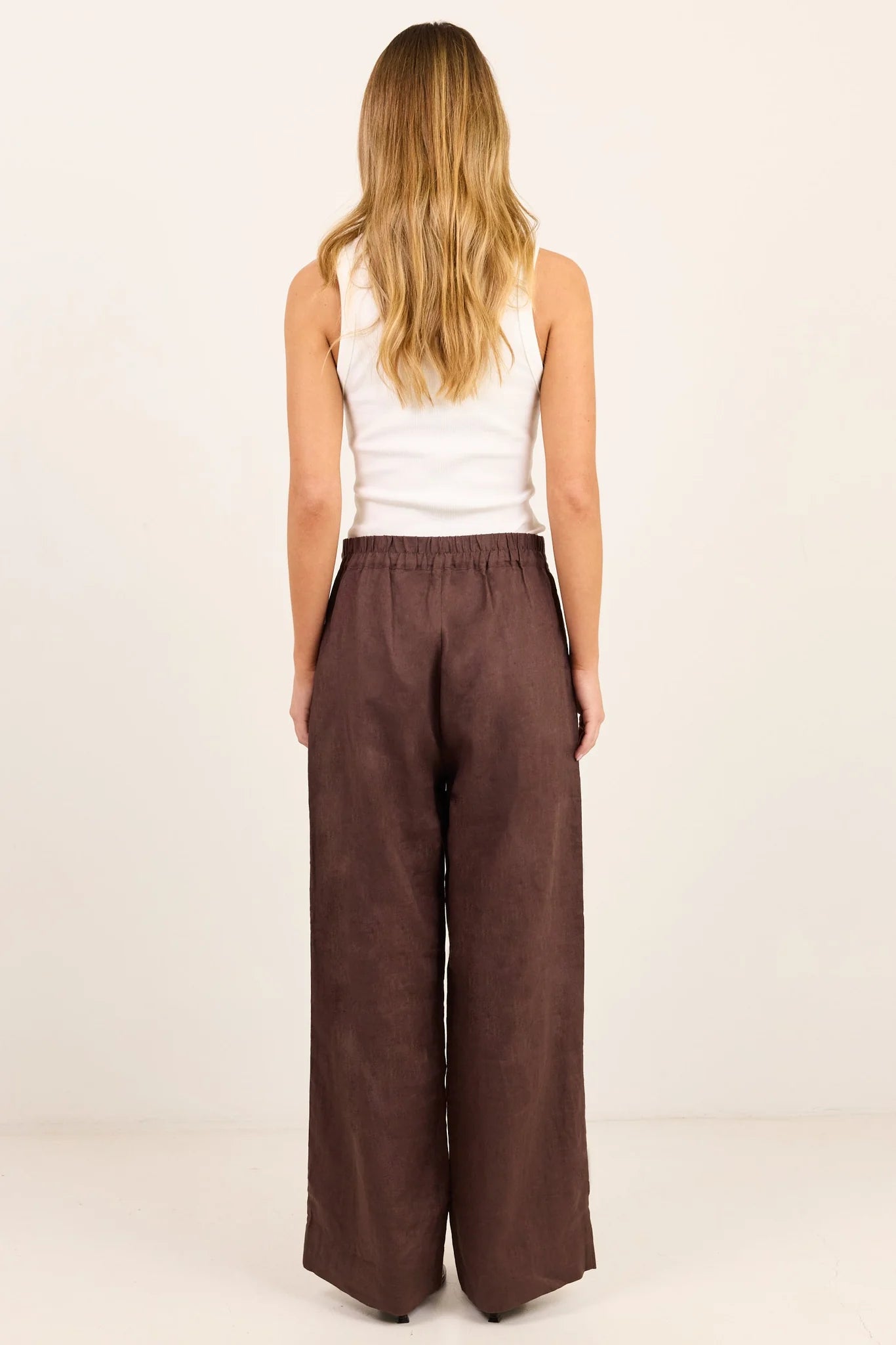 Re:Union Label Curator Dark Chocolate Linen Pleat Front Wide Leg Pants