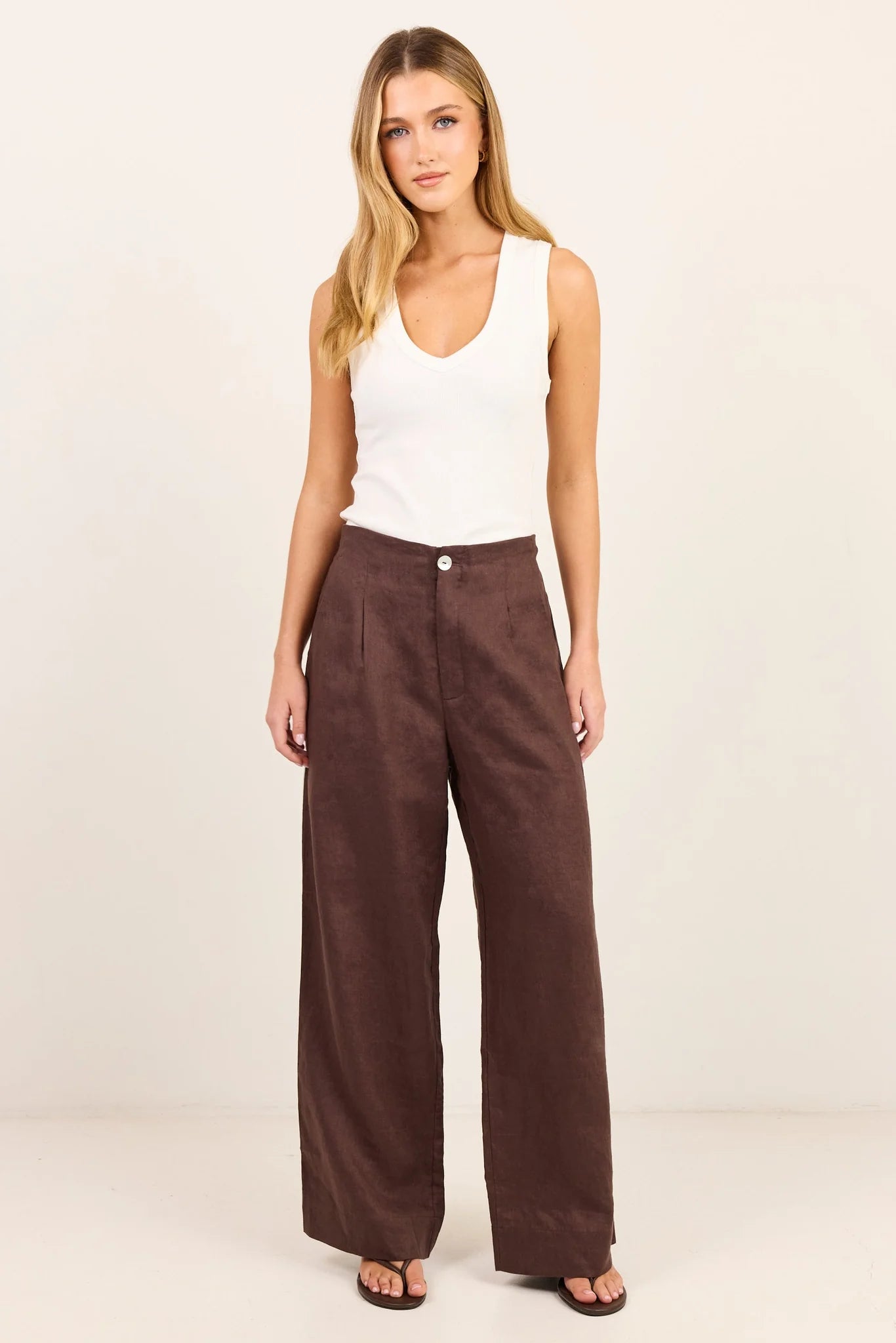Re:Union Label Curator Dark Chocolate Linen Pleat Front Wide Leg Pants