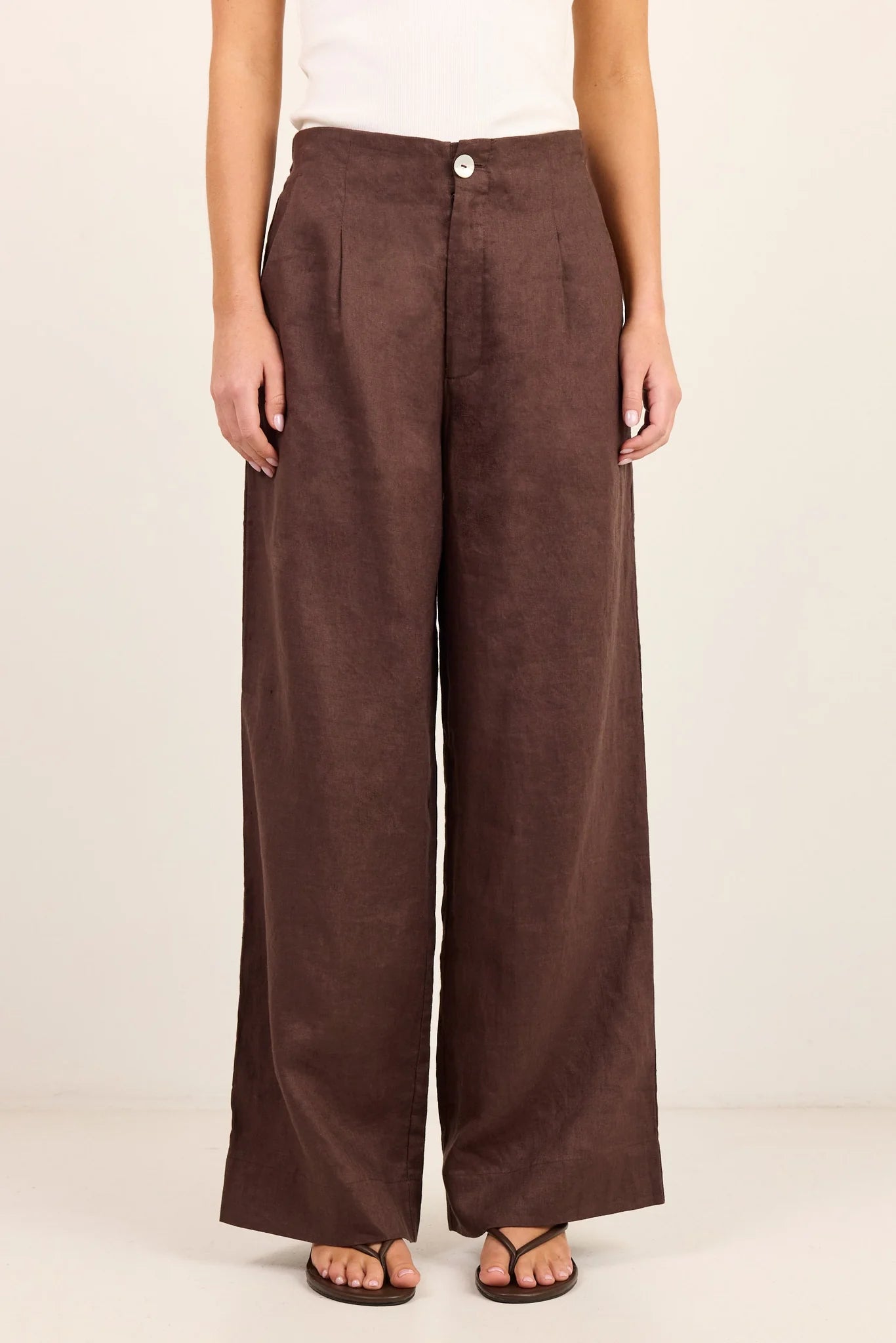 Re:Union Label Curator Dark Chocolate Linen Pleat Front Wide Leg Pants