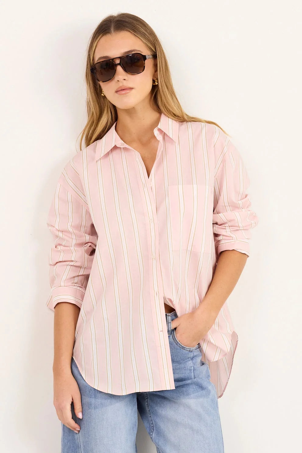 Stories be Told You Got This Pink Beige Stripe Oversized Boyfriend Shirt