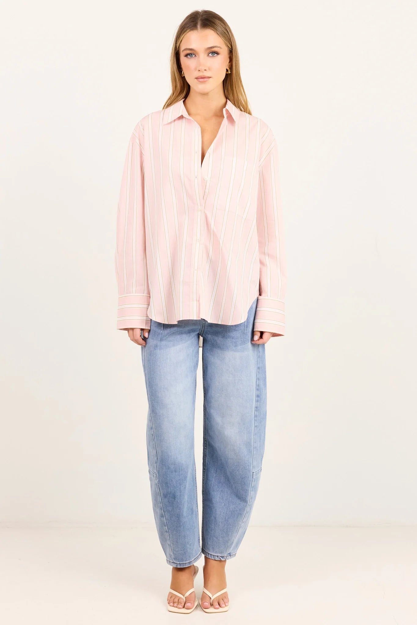 Stories be Told You Got This Pink Beige Stripe Oversized Boyfriend Shirt
