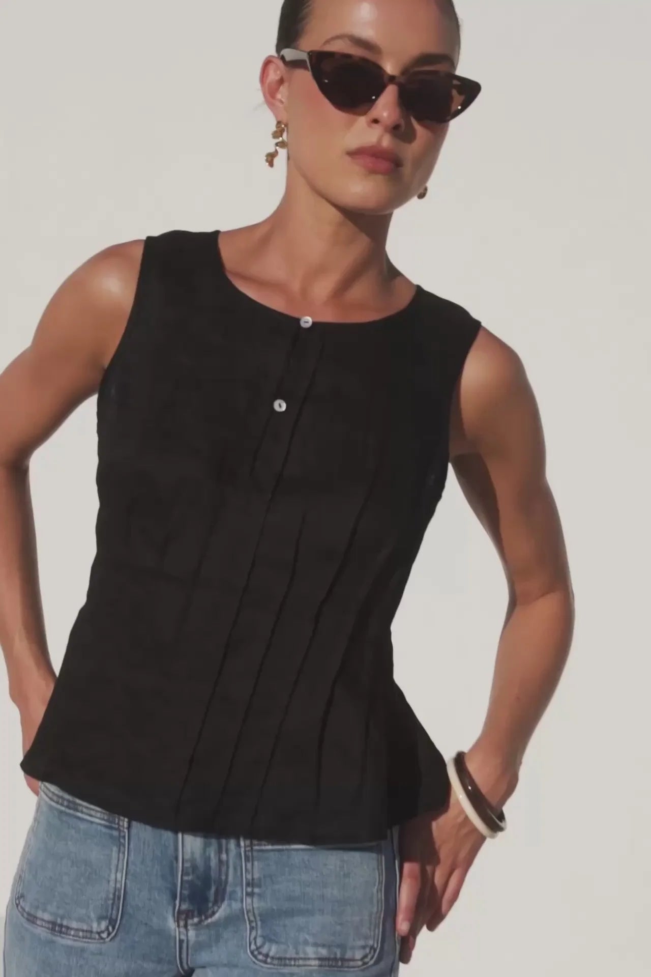 Stories be Told Encourage Black Linen Pintuck Front Boatneck Top