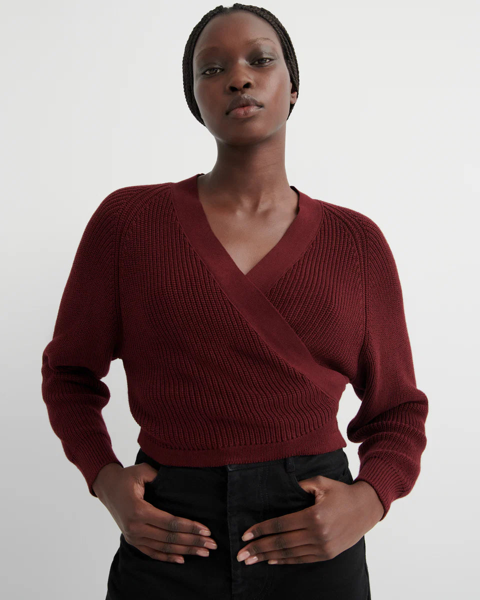 Women's 100% cotton knit wrap ballet cardigan maroon wine burgundy Two Boutique Matakana