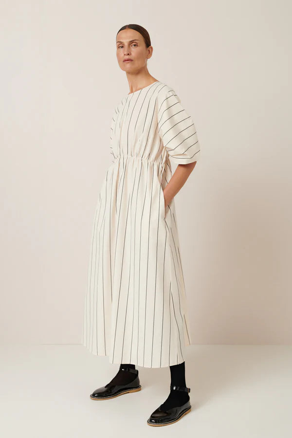 Kowtow Ellora Dress Greige Pinstripe