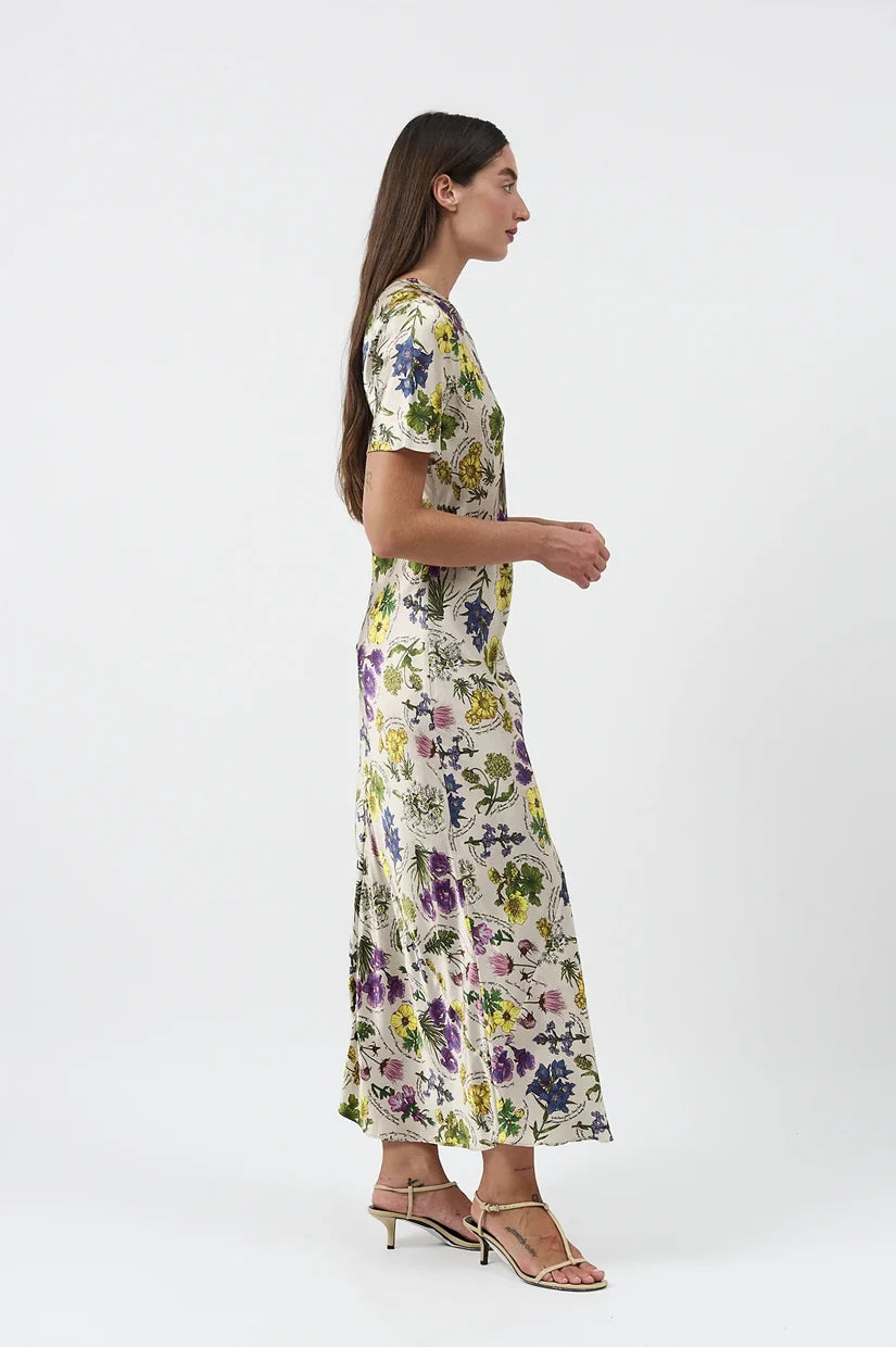 Silk Laundry Short Sleeve  Bias Cut Dress Endangered Flowers
