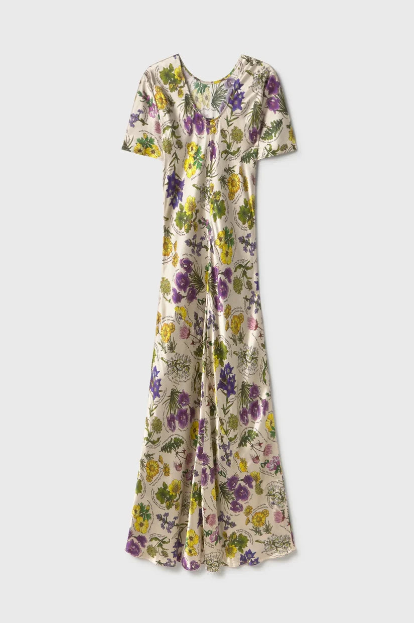 Silk Laundry Short Sleeve  Bias Cut Dress Endangered Flowers